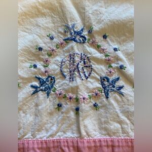 Vintage Hand Embroidered Cotton Pillowcase “MRS” With Bluebirds, Pink Border